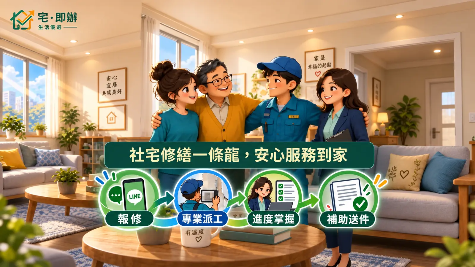 宅即辦修繕廣告：住戶、師傅與客服在溫暖家中，串起報修、派工、進度掌握與補助送件